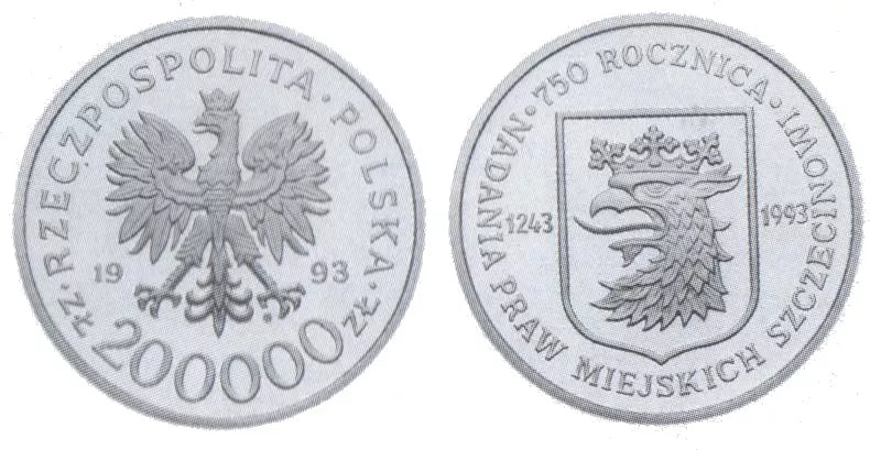 200000 złotych 1993 - 750. rocznica nadania praw miejskich Szczecinowi
