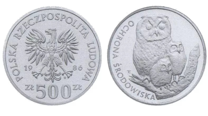 500 złotych 1986 - Ochrona środowiska - Sowa z młodymi